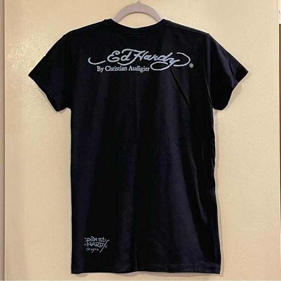 ED HARDY by CHRISTIAN AUDIGIER Golden Rose of Love Crew Neck Basic Tee in Black - Picture 2 of 5